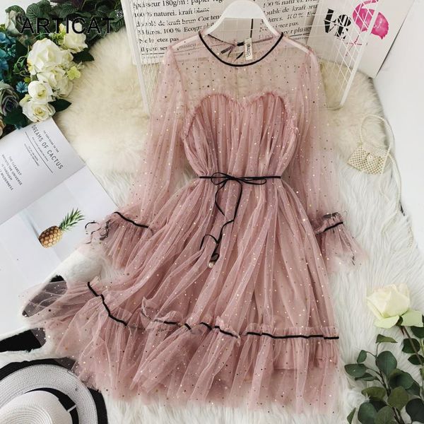 

stars sequins mesh dress women summer flare sleeve o neck a-line dresses ladies bandage beach holidaywear pink vestidoshigh quality, Black;gray