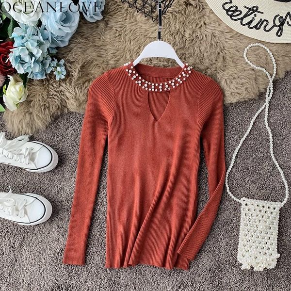 

women's sweaters oceanlove 2021 autumn solid beading women sweater hollow out slim sueter mujer all match long sleeve casual 12430, White;black