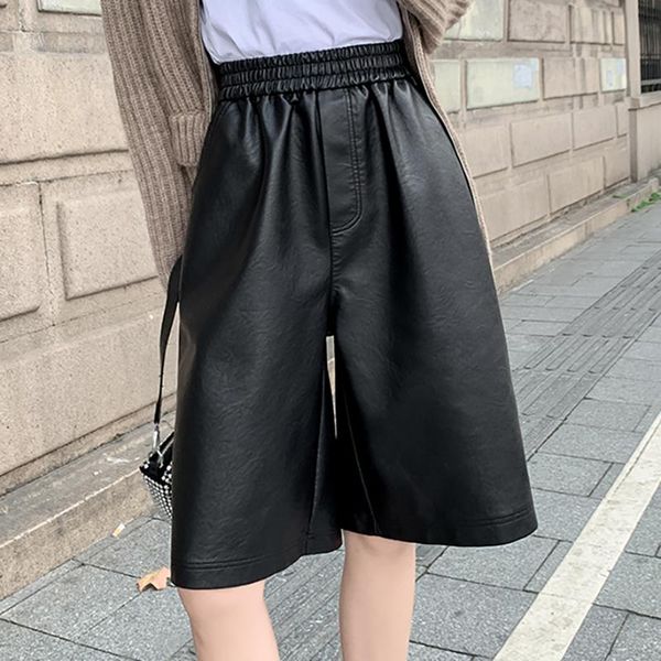 

women's shorts s-3xl autumn pu leather casual high waist wide leg half trousers korean outerwear loose straight, White;black