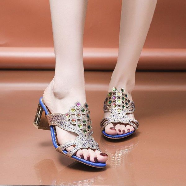 

foreign trade 2021 women chunky heel sandals women's rhinestone hollow out peep toe cross border mid a551 slippers, Black