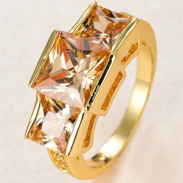 

trendy female champagne crystal stone ring charm gold color wedding rings for women dainty bride square zircon engagement, Slivery;golden