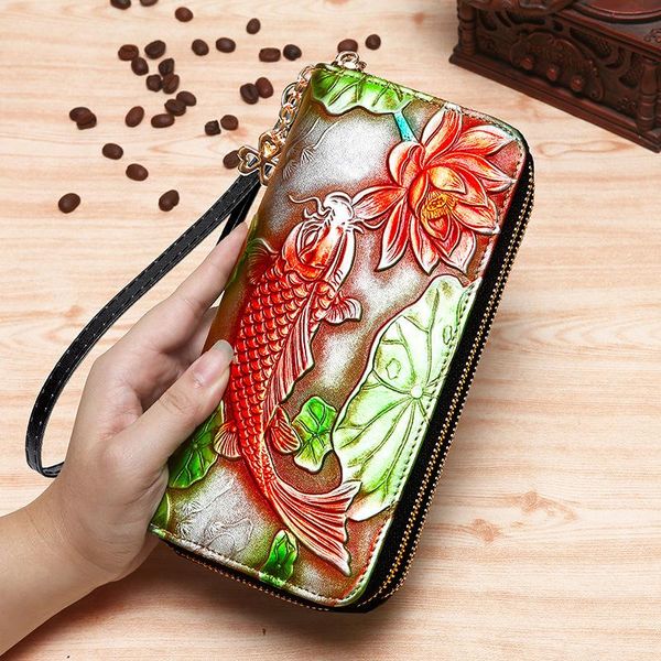 

long leather atmosphere first layer cowhide wallet double zipper rfid ladies wallets, Red;black