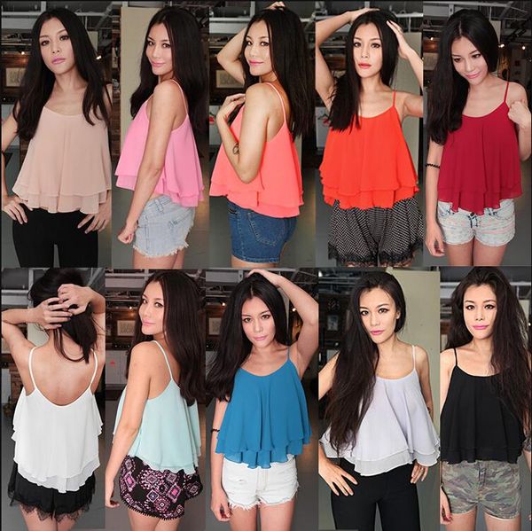 

women's blouses & shirts 2021 summer double ruffles blouse spagetti strap vest ,blusas vestidos,chiffon ,girl, White
