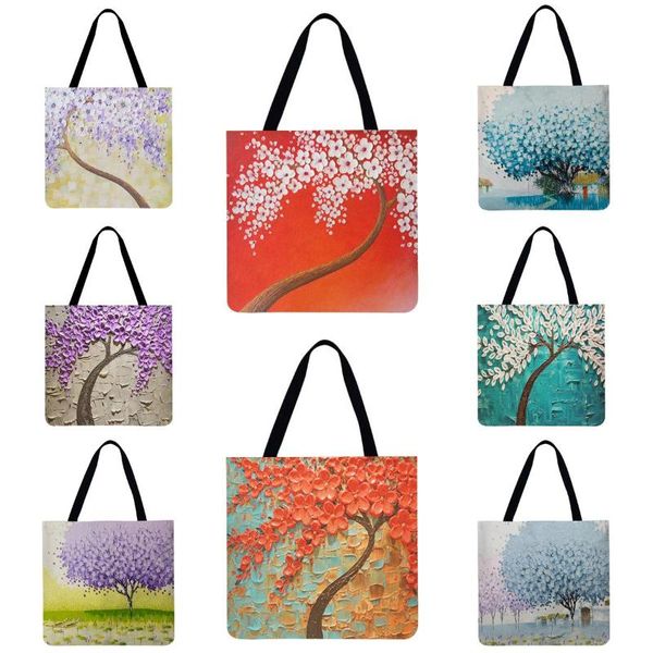 

storage bags oil painting tree printed linen shoulder shopping bag casual large tote handbag women's
