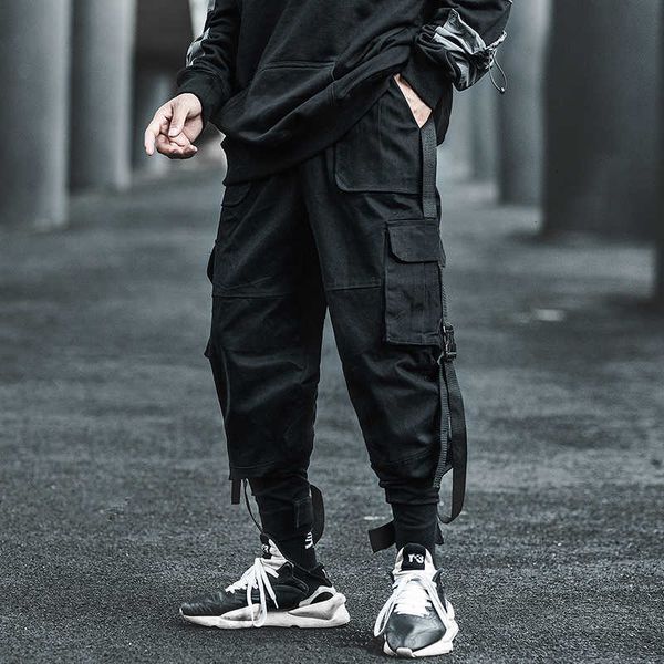 

men's pants autumn hip hop joggers ribbons multi-pocket elastic waist sweatpants male streetwear cargo men 6u4o 3u43, Black