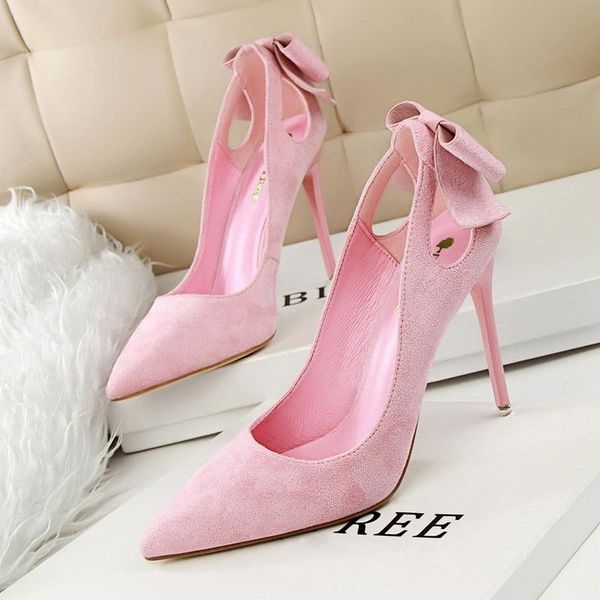 

dress shoes 2021 ladies high heels striptease show women's shallow mouth pointed bow party prom suede, Black