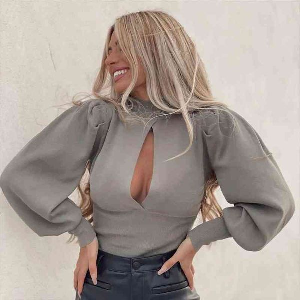 

autumn winter women knit sweater long puff sleeve hollow chest casual fashion chic woman sweaters pullover, White;black