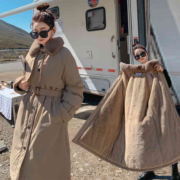 

women's trench coats winter cotton clothes women's middle and long knee over korean loose jacket tooling plush windbreaker ok19, Tan;black