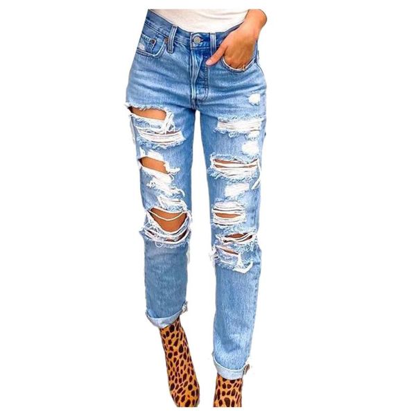 

women's jeans jaycosin woman high waist 2021 button pocket elastic hole trousers slim denim pants korean y2k, Blue