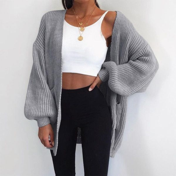 

women's knits & tees 2021 autumn knitted cardigan for women open stitch lantern sleeve sweaters coat solid casual jumper loose knit, White