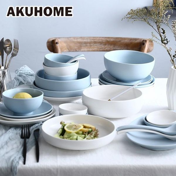 

nordic style solid bowls ceramic dishes and plates sets dinner white blue tray for household gift akuhome