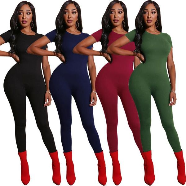 

women's jumpsuits & rompers short sleeve slim long pants for summer 2021 women fashion solid color o-neck jumpsuirs ladies, Black;white