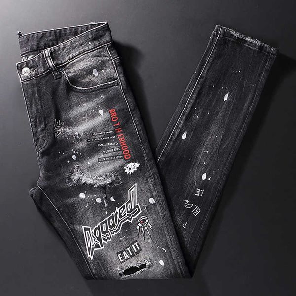 

street fashion men jeans retro black gray elastic slim fit ripped patch printed designer hip hop splashed denim pants, Blue