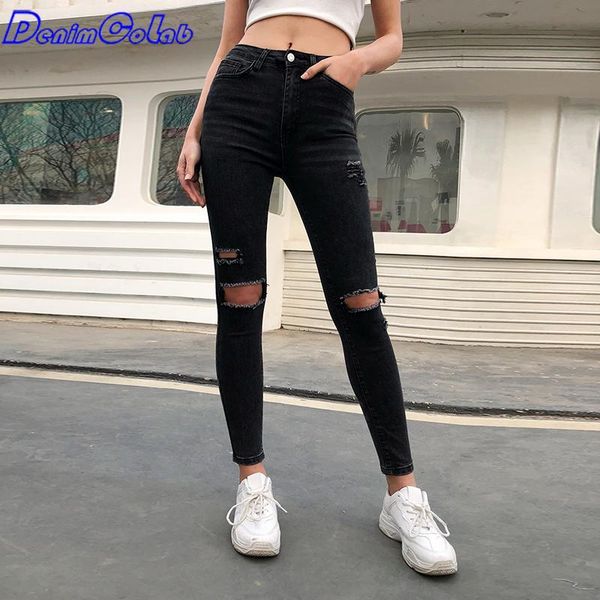 

women's jeans denimcolab high waist black elastic pants women 2021 fashion hole wash skinny pencil lady casual slim stretch, Blue