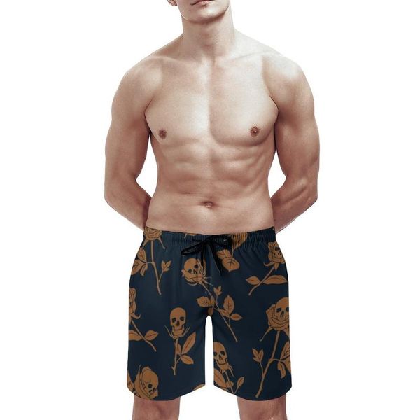 

skulls and roses print men's cool beach shorts summer swim trunks quick dry mesh lining board with pockets, White;black