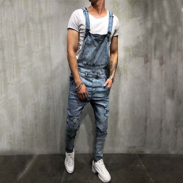 

fashion mens ripped jeans rompers casual with belt jumpsuits hole denim bib overalls bike jean, Blue