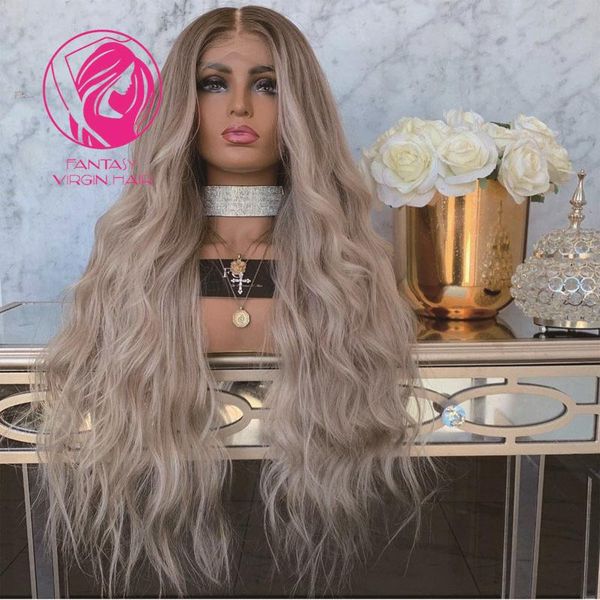 

lace wigs deep wave frontal wig 13x4/13x6 front ashy grey highlights blonde colored human hair for women transparent 150%, Black;brown