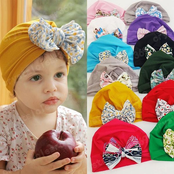 

newborn bow knot turban hat flowers floral print head wrap soft cotton headband caps kids infant toddler hair band headdress, Yellow