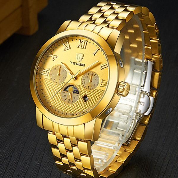 

men automatic mechanical watches moon phase luminous date week waterproof wrist watch relogio masculino wristwatches, Slivery;brown