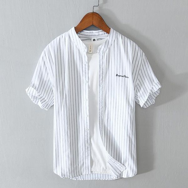 

men's casual shirts brand men striped shirt fashion letters embroidered solid color business formal clothes stand collar 4xl, White;black