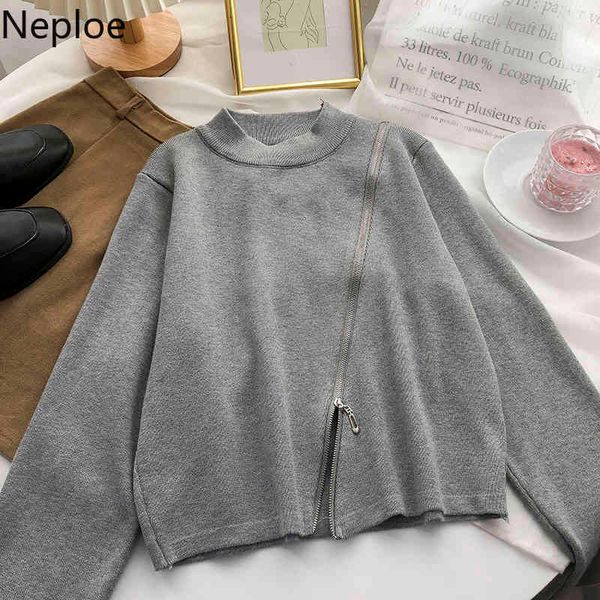 

neploe sweater women o-neck solid color knitted pullovers chic zipper loose jumper korean casual sueter coat female 4h131 210422, White;black