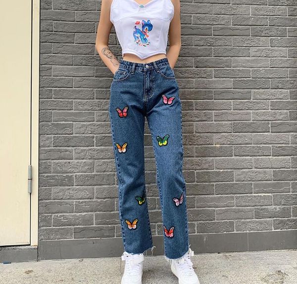 

women's jeans high-waisted colorful butterfly embroidery straight tube cute girl jean casual pants show thin, Blue