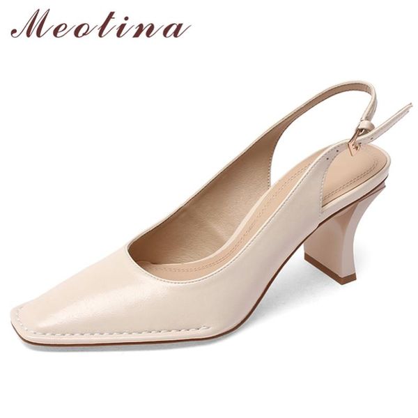 

sandals meotina women genuine leather shoes slingback thick high heels pointed toe summer ladies footwear 2021 beige 40, Black
