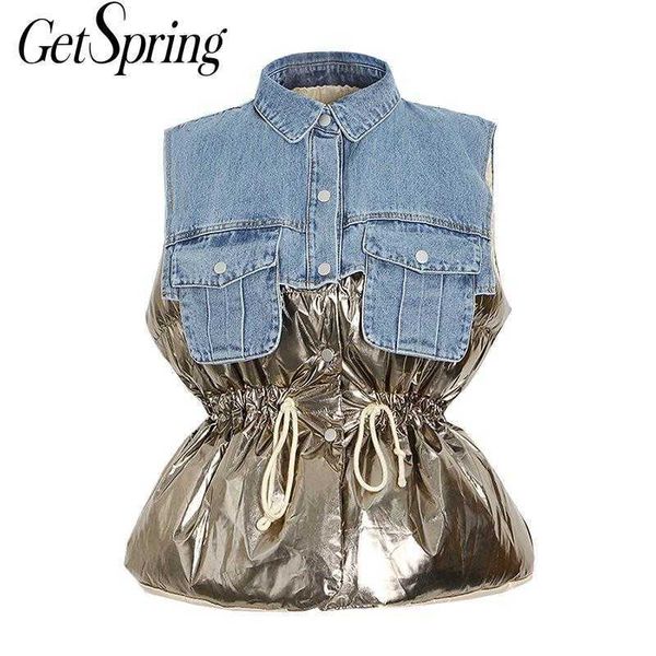 

getspring women vest denim patchwork color matching winter vintage casual sleeveless coats 210601, Black;white