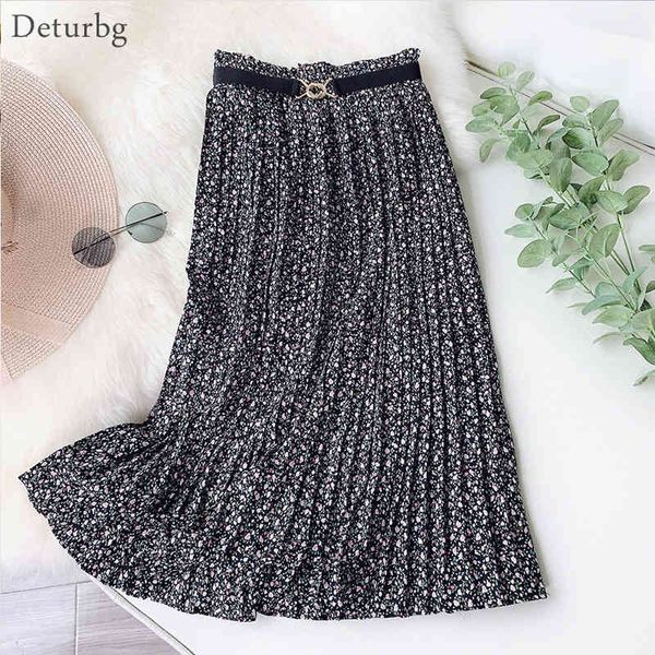 

casual dresses women's elegant ditsy floral print skirt with belt korean female high waist pleated black midi skirts 2021 spr, Black;gray