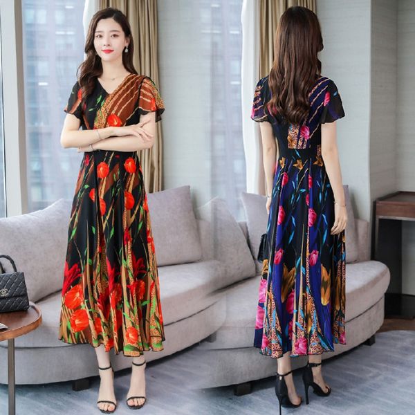 

2021 summer new women's v-neck long dress plus size chiffon vestido, White