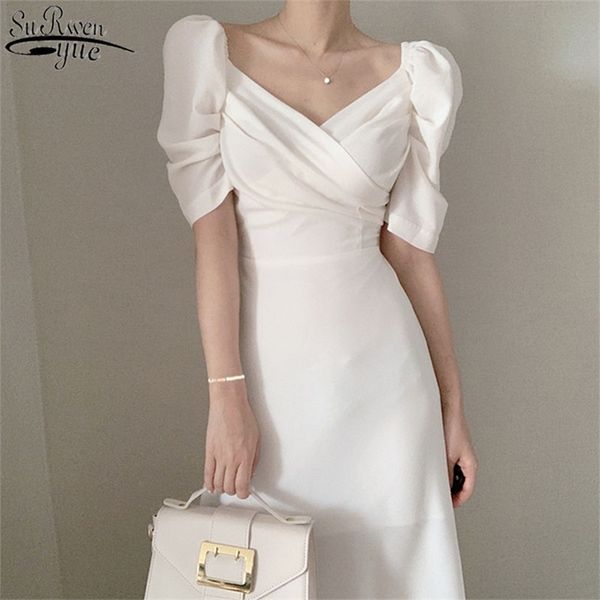 Korea Weißes Kleid Frauen Französisch Stil Elegantes V-Ausschnitt Abendkleid Puffärmel Partykleider Dame Lange Kleider Frauen Robe 13904 210519
