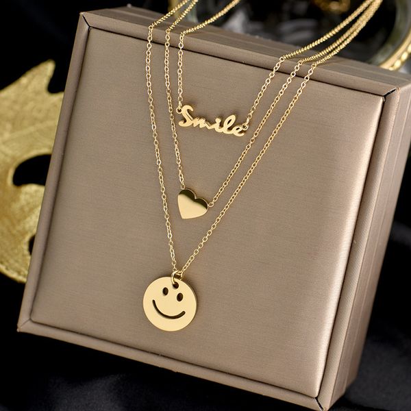 

fashion english letter love smiling face multilayer necklace ins net red clavicle chain ti-tanium steel necklace female, Silver