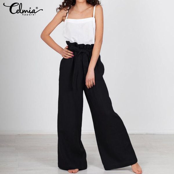 

women's pants & capris 2021 celmia high waist wide leg women solid vintage linen trousers belt streetwear female pockets plus size pant, Black;white