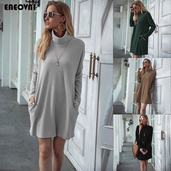 

casual dresses dress 2021 for women fall autumn winter women's long sleeve high waist a-line cotton skirt solid pockets round neck waff, Black;gray