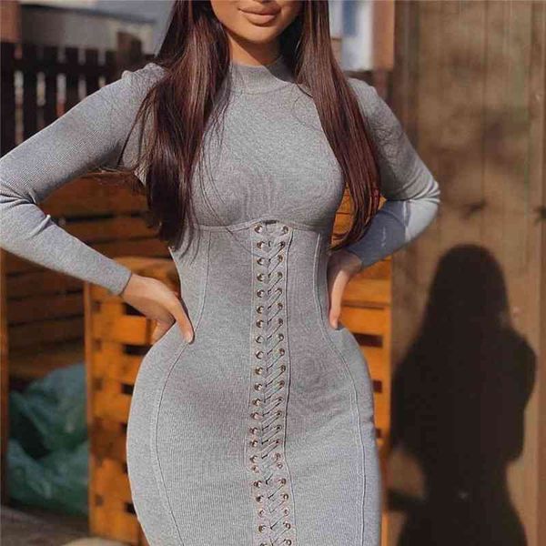 

fall spring autumn bandage dresses women long sleeve casual mini bodycon dress for women high waist solid slim dresses 210521, Black;gray