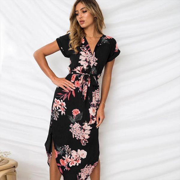

summer bohemian floral printed womens dresses casual fashion feminine v neck short sleeve irregular waist mid length vestidos, Black;gray