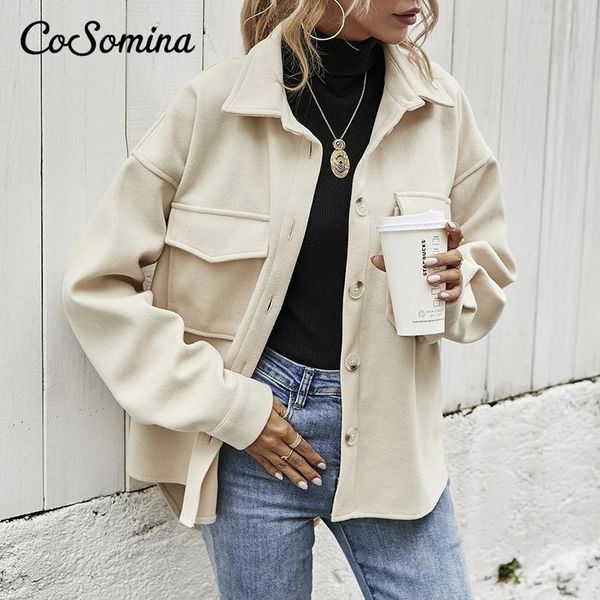 

women's jackets cosomina casual long sleeve jacket coat women autumn fashion button irregular 2021 solid shirt pocket outwear tweed, Black;brown