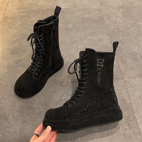 

boots winter fashion shoes woman leather bling rhinestone lace-up booties women round toe ankle botas mujer black red