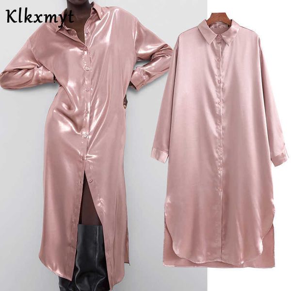 

klkxmyt za dress women chic fashion smooth shirts midi vintage long sleeve button-up female es vestidos mujer 210527, Black;gray