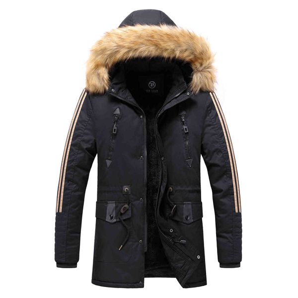 

men's leather & faux winter men jackets fur hooded parkas cotton padded jacket coats mens fleece warm windbreaker brand clothing f, Black