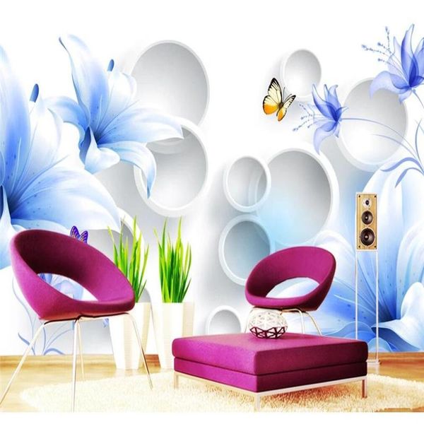 

wallpapers custom mural wallpaper blue lily 3d stereo circle tv background wall