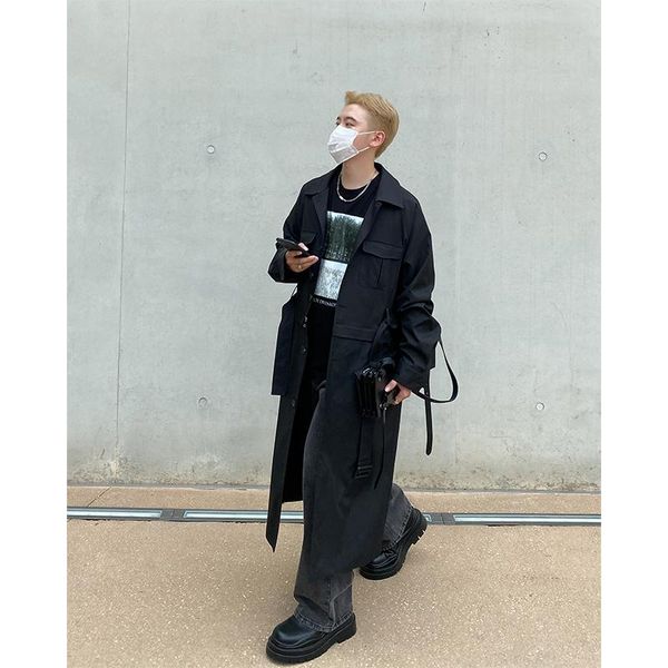 

men's trench coats detachable medium and long windbreaker autumn large design short trend coat korean ins jacket, Tan;black