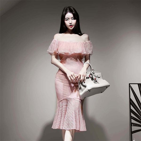 Снятое плечо для женщин Летние розовые без рукавов Полиэстер Дамы сексуальная Корея Формальная партия Maxi Платья 210602