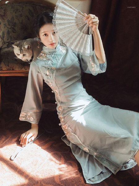 

ethnic clothing chinese traditional retro women split cheongsams sweet plum flower qipao costumes female slim embroidery lace performance dr, Red