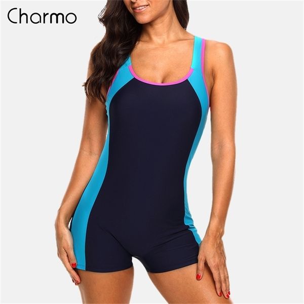 Charco Mulheres Sports Swimwear Swimsuit Colorblock Aberto Back Beach Wear Banhando Ternos Patch Work Fitness 210702