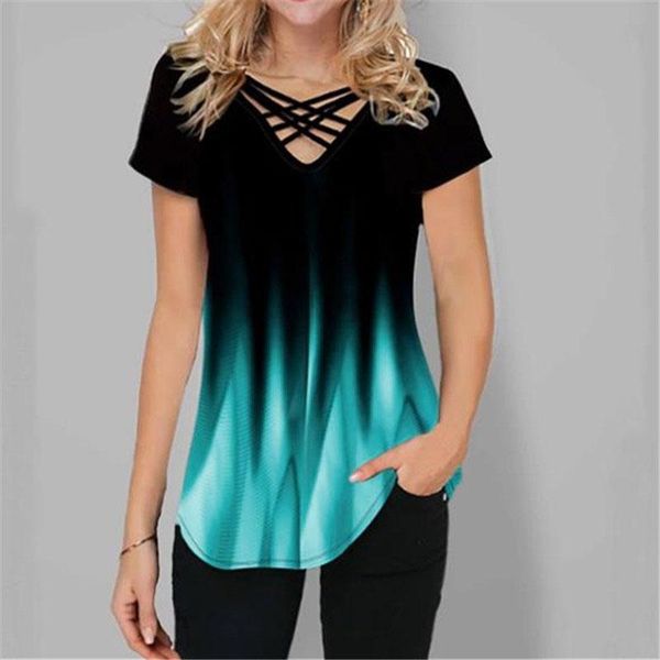 

women's t-shirt gradient printing fashion casual short sleeve v-neck green, White
