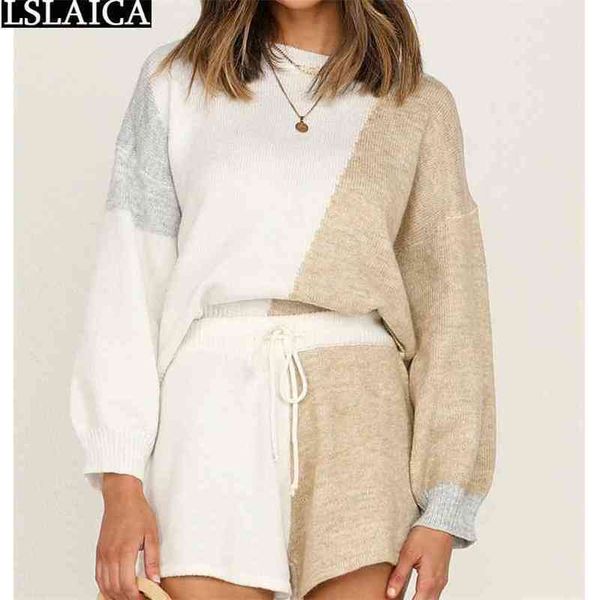 

2 piece sets long sleeve color matching short pants elastic waist casual shorts set fashion homewear autumn winter clothes 210515, White