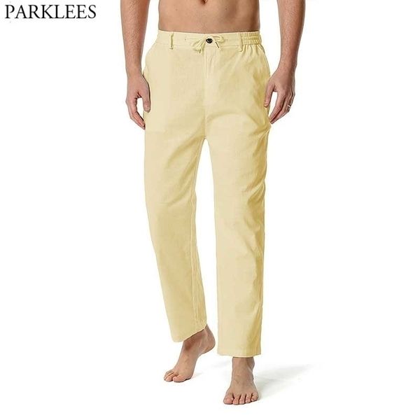 

men's cotton linen pants casual loose fit straight-legs stretchy waist yoga beach pants lightweight breathable summer trousers 210522, Black