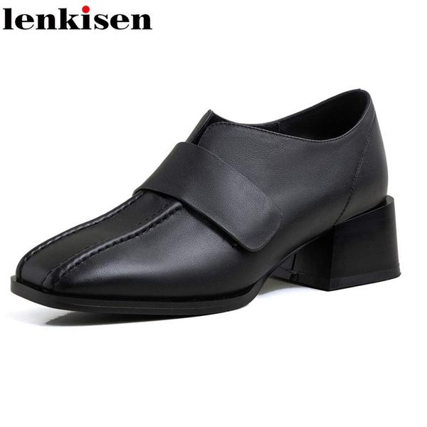

dress shoes lenkisen leisure simple style handmade breathable cow leather toe med square heels slip on beauty lady pumps l72, Black