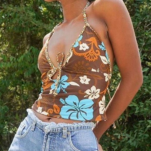 

vintage y2k bohemian floral print women tanks crop summer beach style v neck backless halter cami aesthetic streetwear, White
